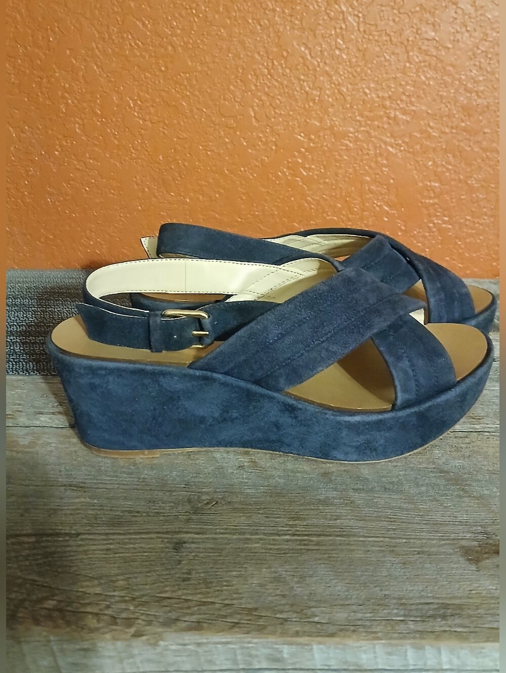 J. Crew Navy Suede Crisscross Wedge Sandals